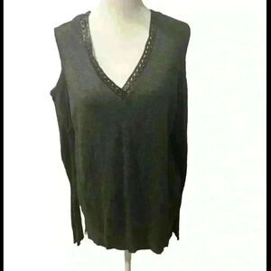 Democracy Long Sleeve Gray Cold Shoulder Faux Leather Neckline V Neck